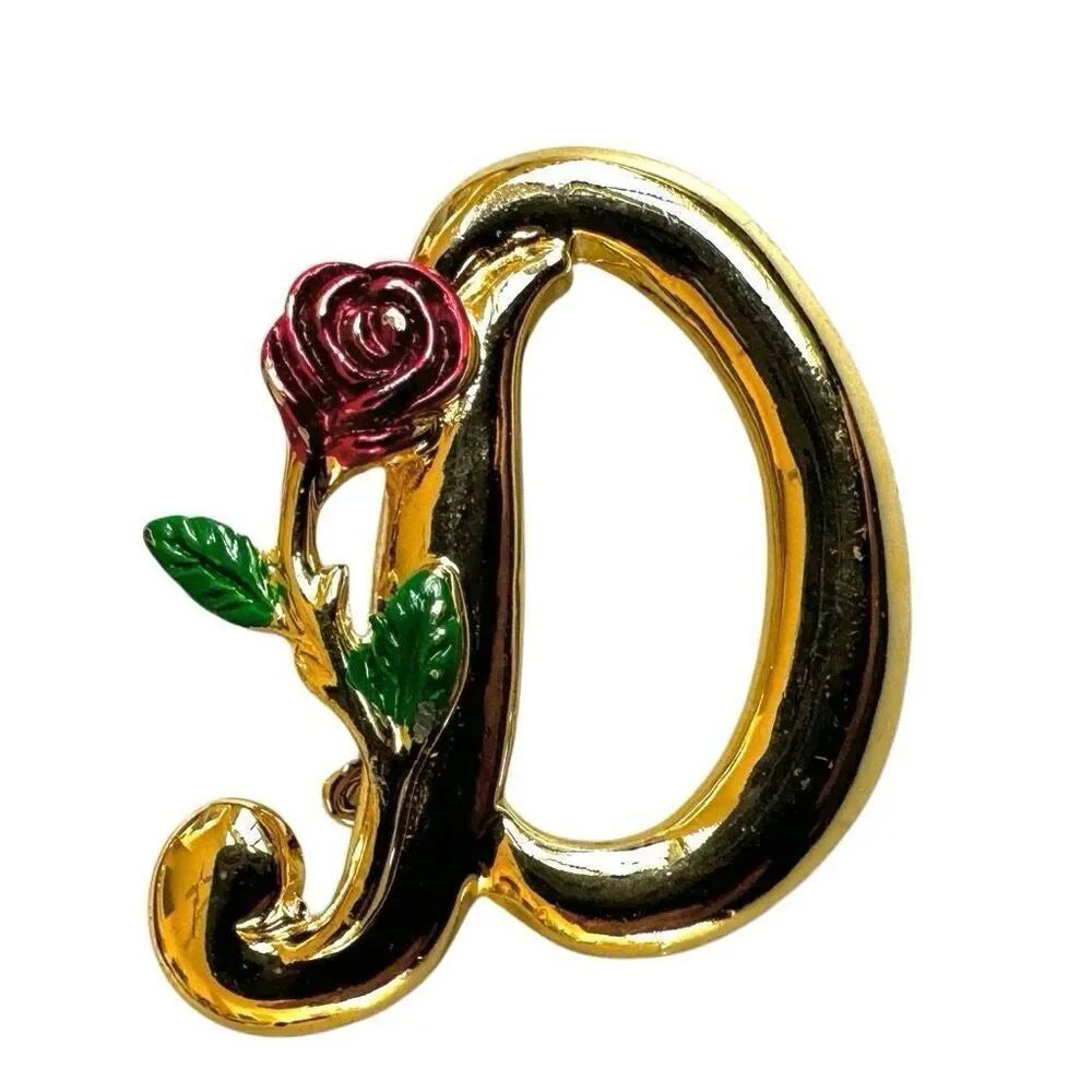 Vintage **L. Razza** Gold-Tone “D” Initial Brooch with Red Rose Enamel Detail